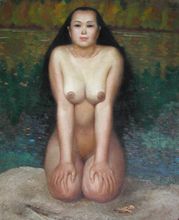 油画《水边裸妇》